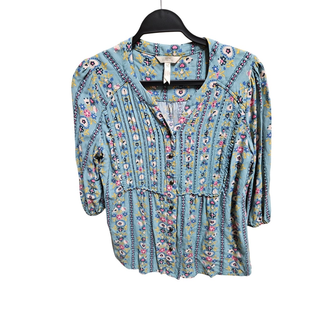 Matilda Jane Womens Blouse M Medium Teal Pink Floral Print Top